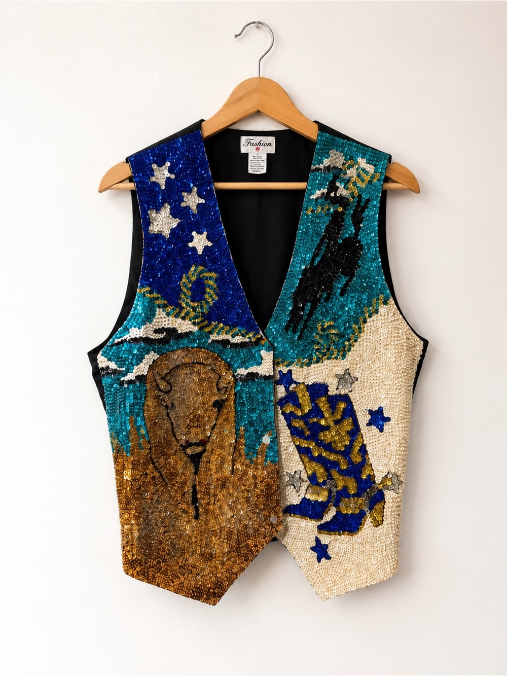 Vintage Fashion Fantasy Western Sequin Vest Buffalo Cowboy Boots L
